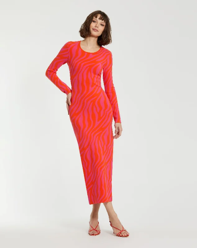 Midnight Madness Mac Duggal K12008 Long Sleeve Zebra Printed Maxi Dress