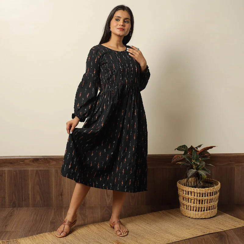 Great Deals Black - Pochampally Ikat Weave Cotton Pintuck Flared Dress 03