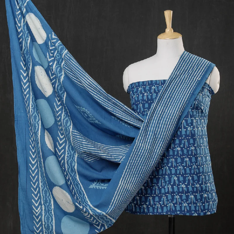 Blue - 3pc Cotton Block Printed Pipad Dress Material Set