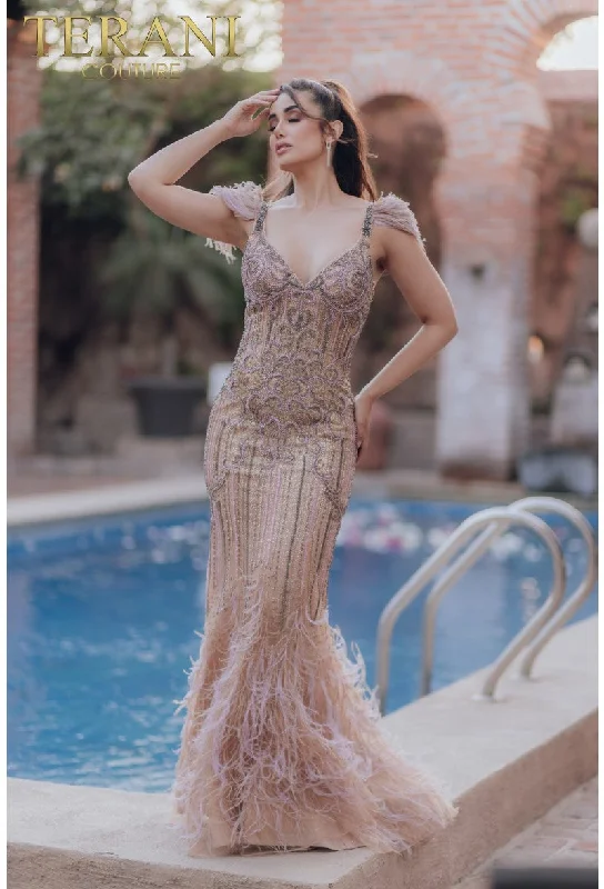 Instant Discount Terani Couture 232GL1425 Long Beaded Formal Prom Evening Dress