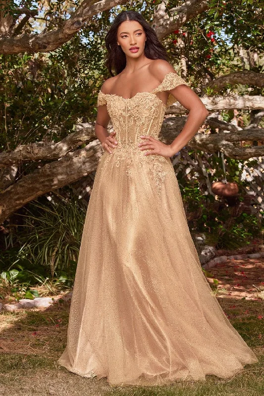 Cinderella Divine CD0198 Off Shoulder Corset Long Prom Ball Gown Champagne Gold