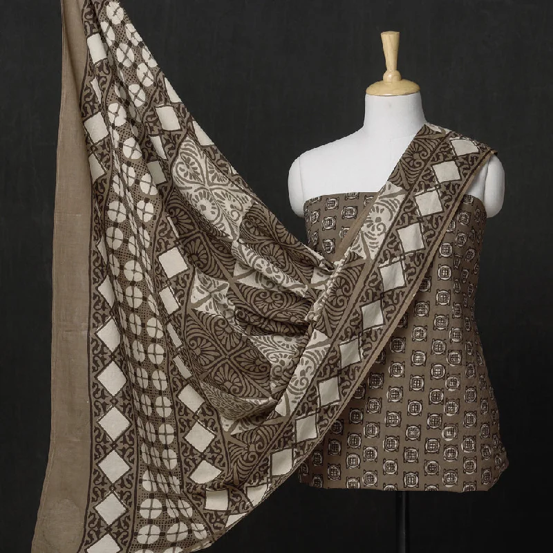 Brown - 3pc Cotton Block Printed Pipad Dress Material Set