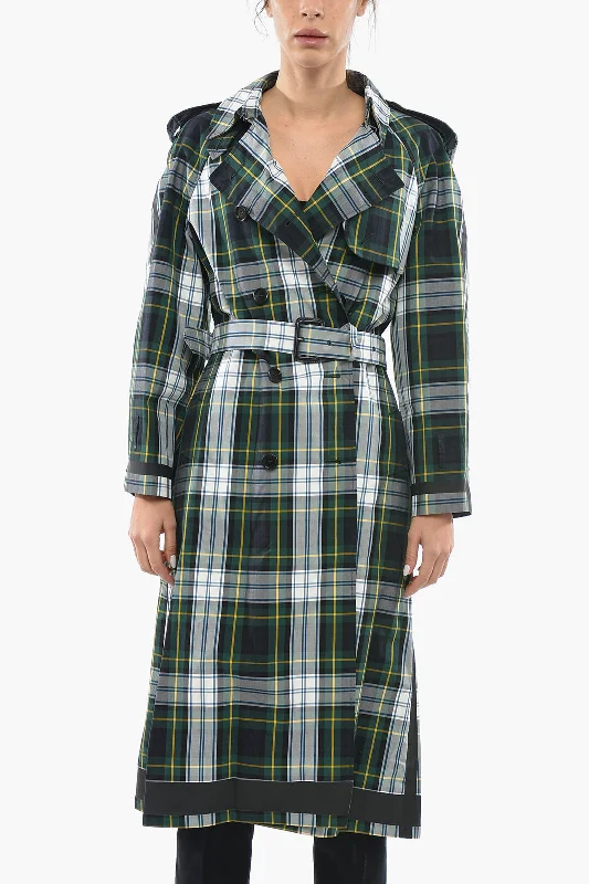 Burberry Belted Tartan Print Cotton Double Breasted Trench Coat