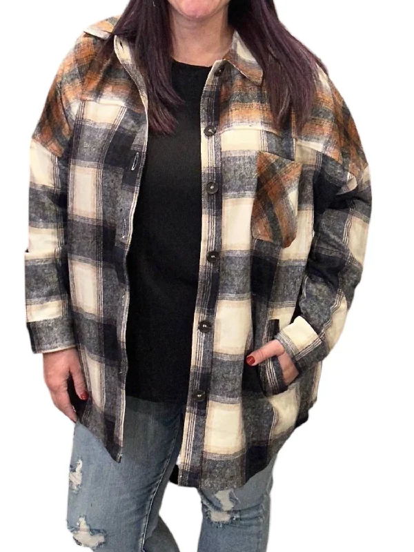 Deal of the Week Colorblock Plaid Longline Shacket In Navy/rust