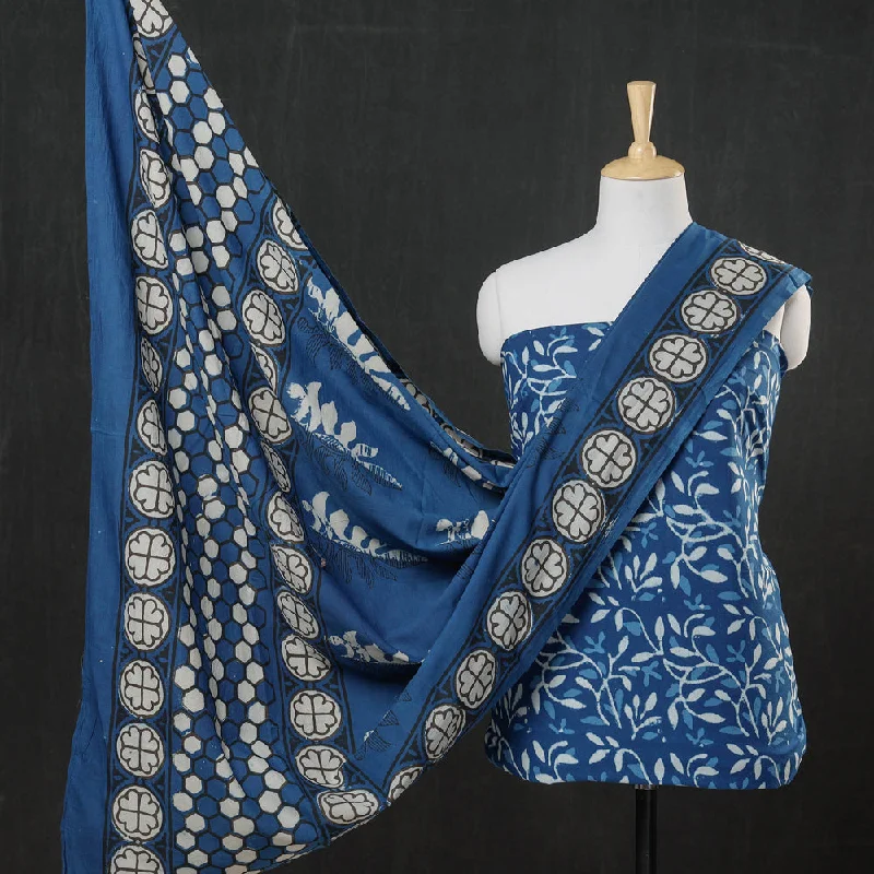 Blue - 3pc Cotton Block Printed Pipad Dress Material Set