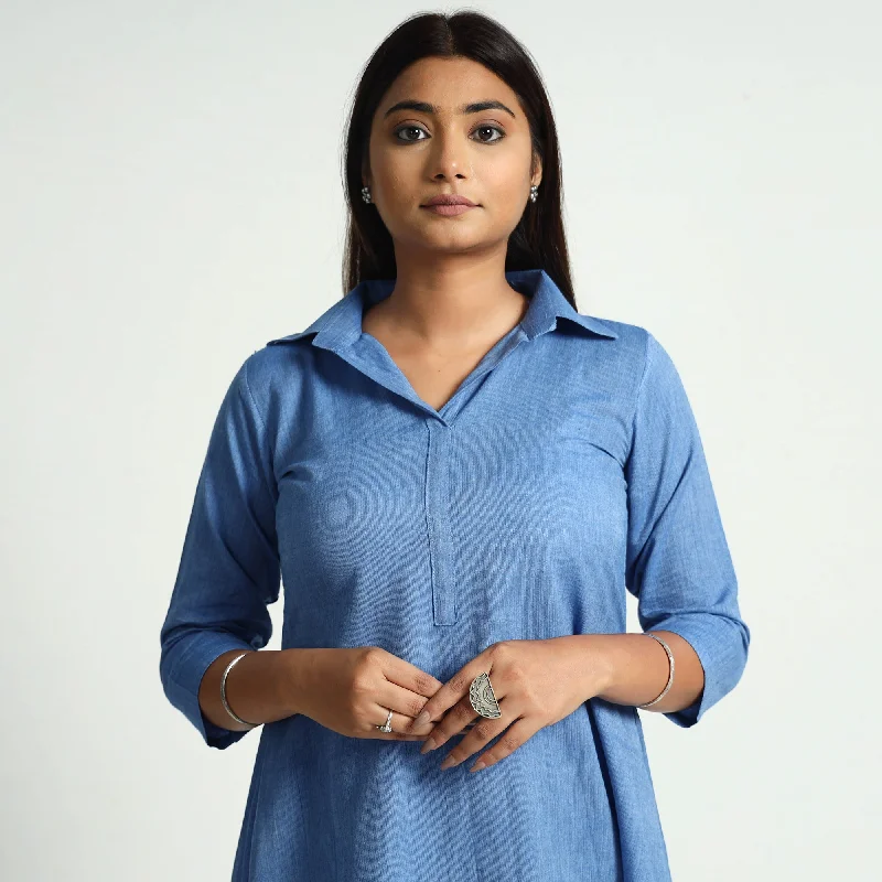 Online Exclusive Cornflower Blue Plain Handloom Cotton Dress