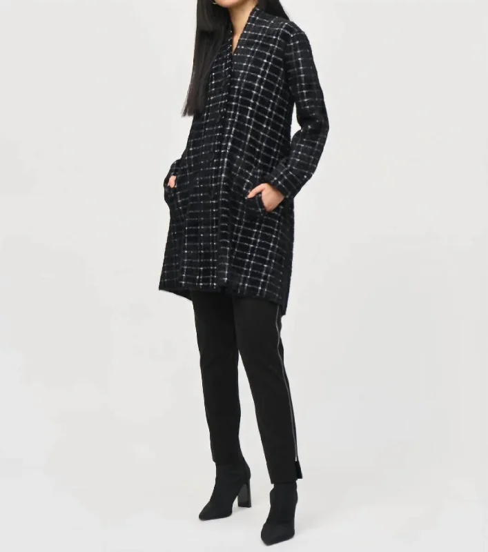 Buy Now Plaid Feather Yarn Sweater Coat In Black And White