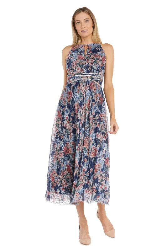 R&M Richards 1112 Floral Print Metallic Formal Tea Length Dress