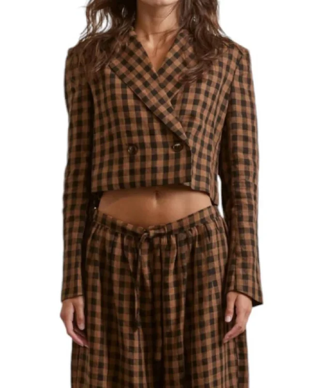 Cropped Plaid Linen Jacket In Brown