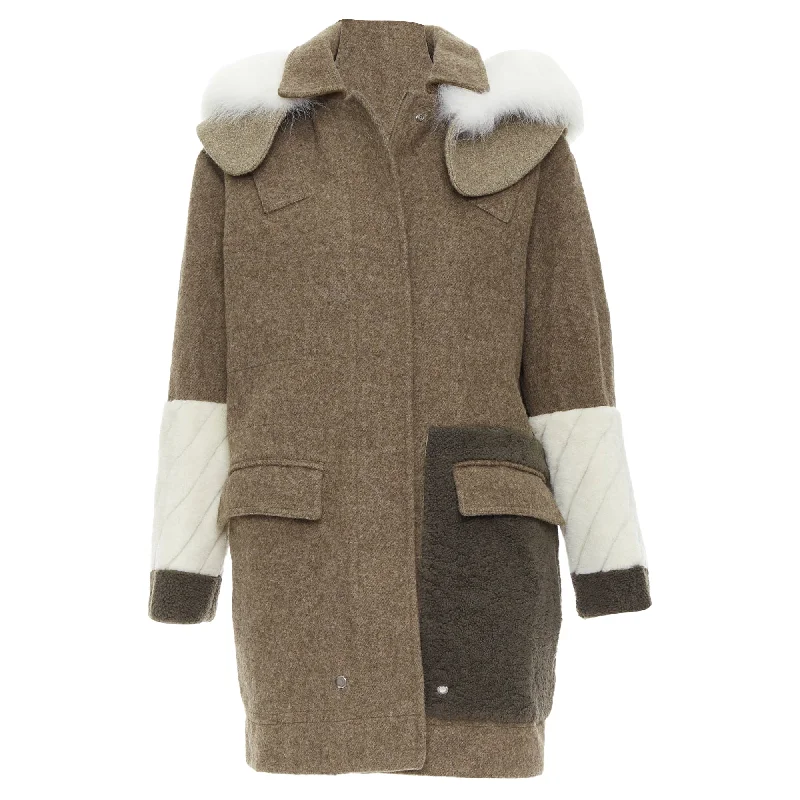 Warehouse Sale Fendi colorblocked brown wool patchwork fur hooded parka coat