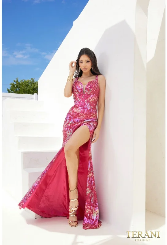 Deal Zone Terani Couture 241P2269 Printed Formal Long Prom Slit Gown