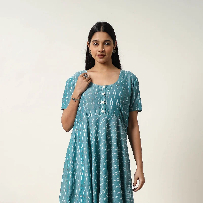 Limited Stock Blue - Mercerized Cotton Flared Pochampally Ikat Dress 15