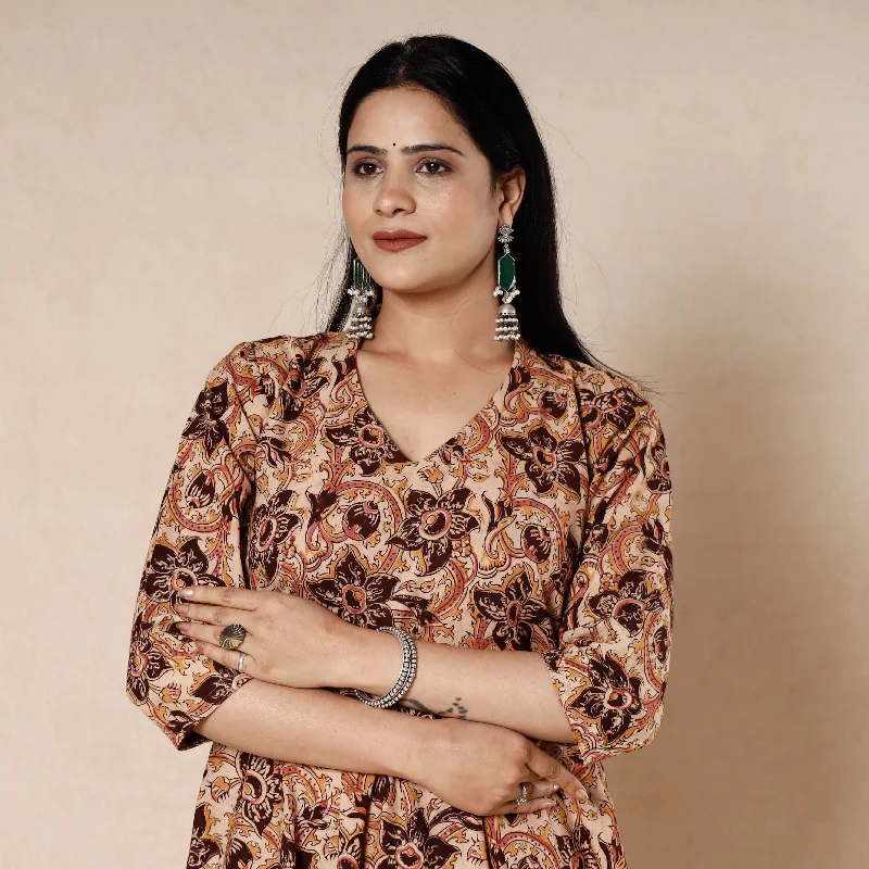 Brown - Kalamkari Block Printed Cotton Flared Gher Dress