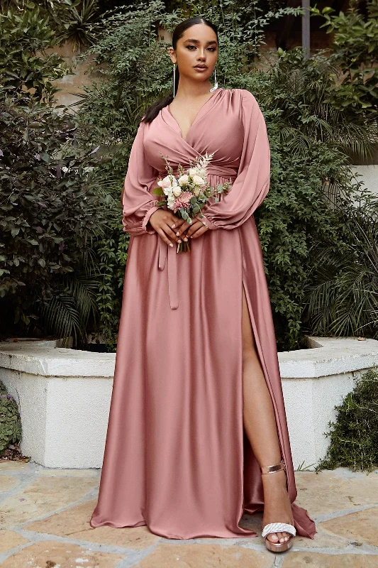 Cinderella Divine 7475C Plus Size Formal Long Sleeve Satin Dress Rose Gold