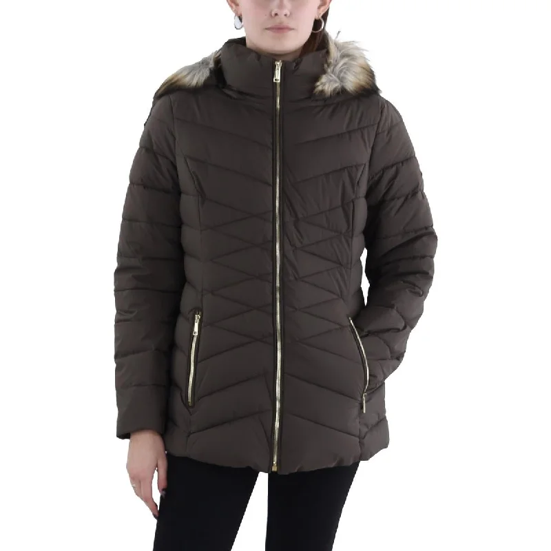 Womens Faux Fur Trim Hooded Puffer Jacket