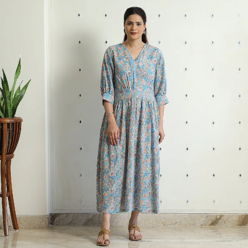 Limited Time Discount Light Blue - Sanganeri Block Printed Cotton Angrakha Flared Dress