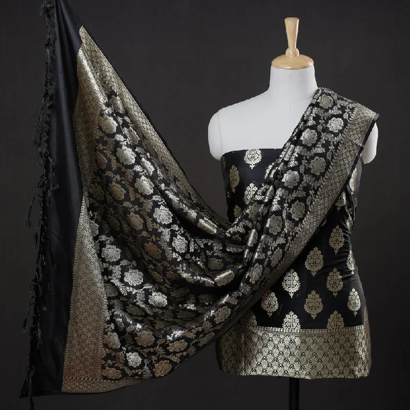 Price Drop Black - 3pc Zari Jaal & Buti Silk Banarasi Dress Material