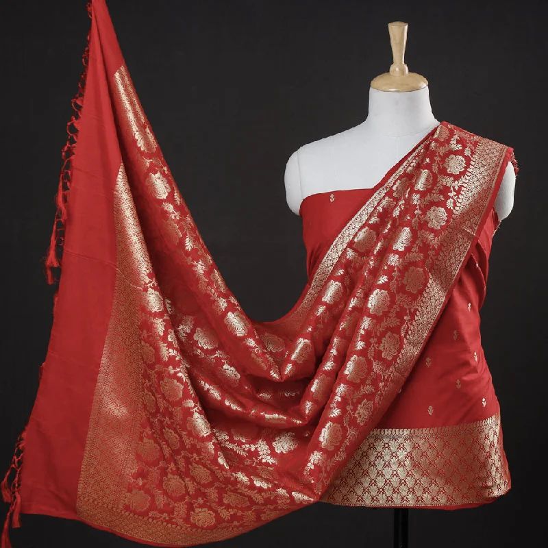 Online Only Red - 3pc Zari Jaal & Buti Silk Banarasi Dress Material