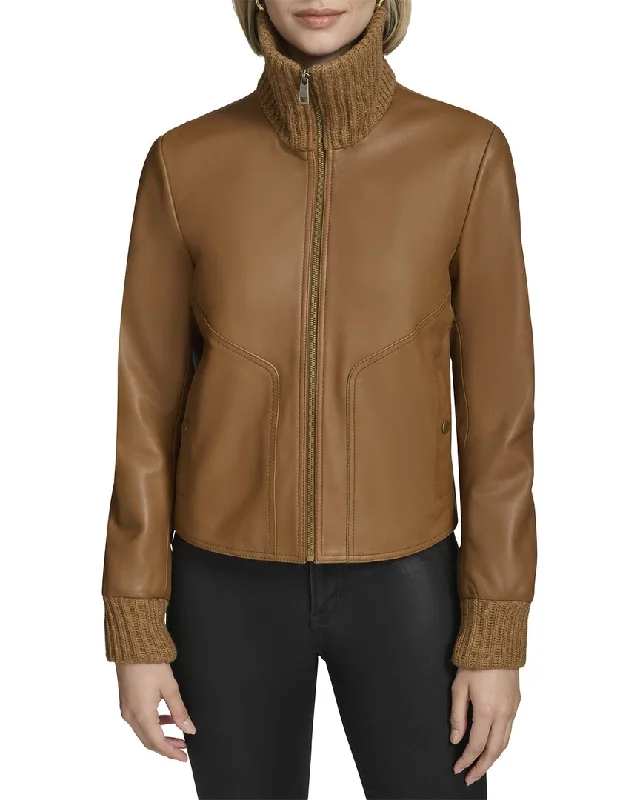 Andrew Marc Black Label Beatrix Rib-Knit Trimmed Leather Jacket