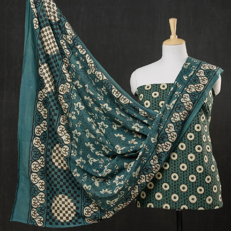 Green - 3pc Cotton Block Printed Pipad Dress Material Set