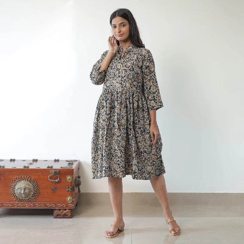 Multicolor - Pedana Kalamkari Block Printed Cotton Flared Dress 04