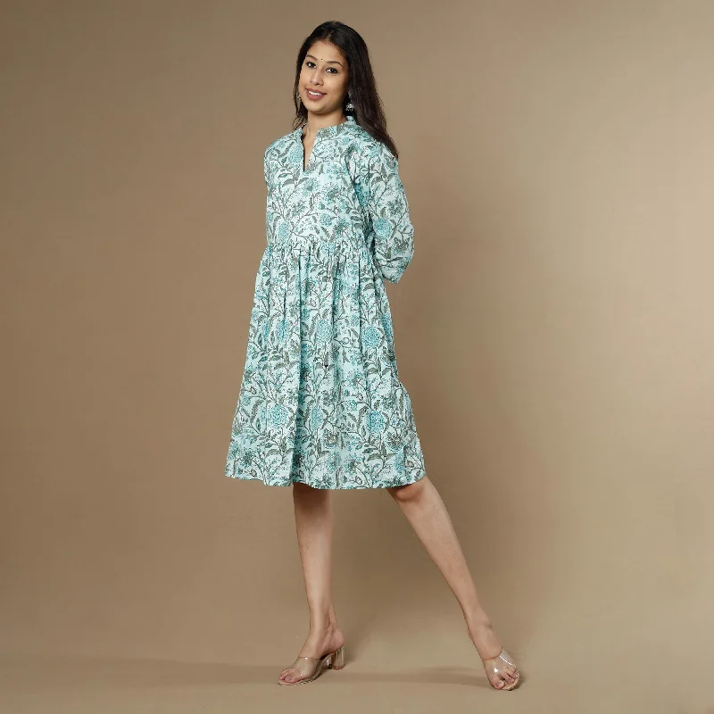 Take Advantage Blue - Sanganeri Block Printed Flare Cotton Dress