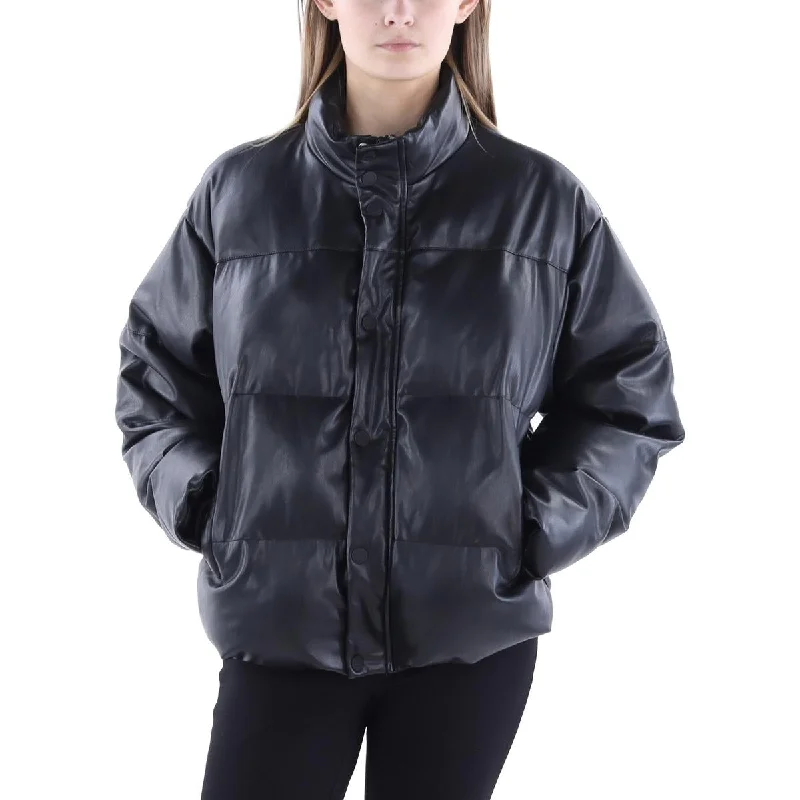 Womens Faux Leather Puffer Jacket