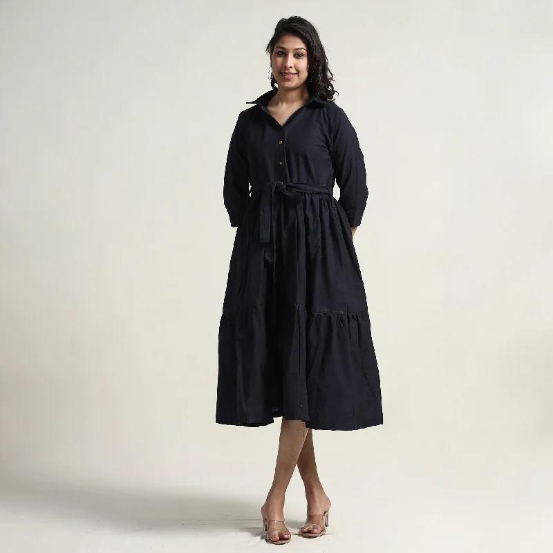 Exclusive Online Offer Black - Plain Handloom Cotton Collared Neck Flare Dress