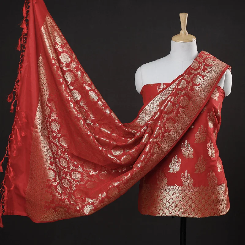 Price Slash Red - 3pc Zari Jaal & Buti Silk Banarasi Dress Material