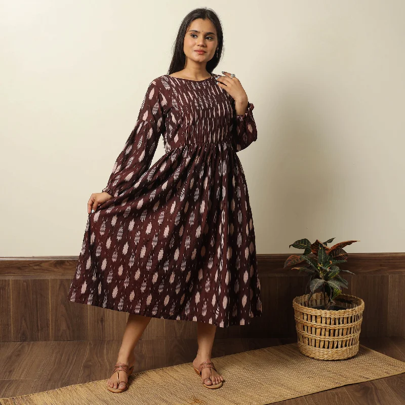 Price Break Maroon - Pochampally Ikat Weave Cotton Pintuck Flared Dress 01