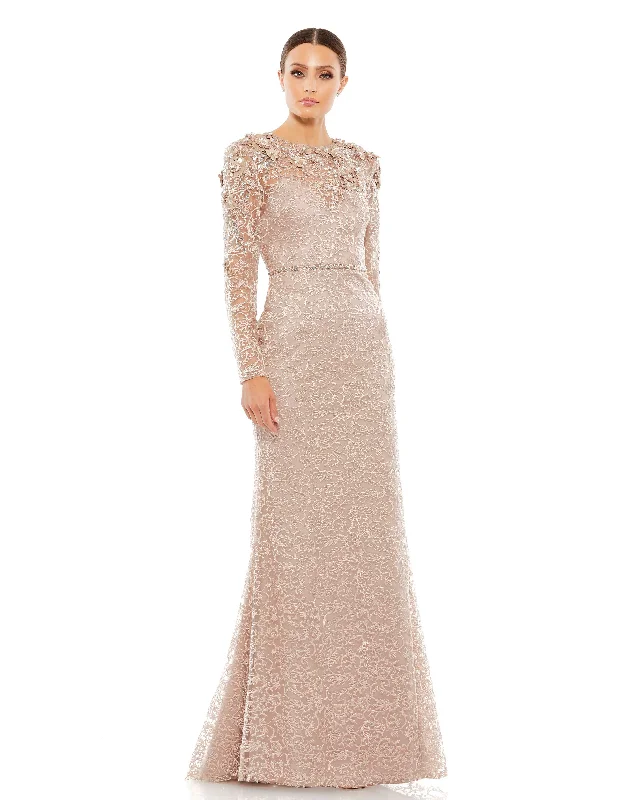 Best Bargains Mac Duggal 11217 Long Sleeve Floral Beaded Formal Prom Dress