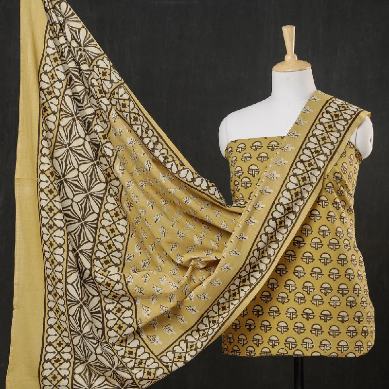 Yellow - 3pc Cotton Block Printed Pipad Dress Material Set