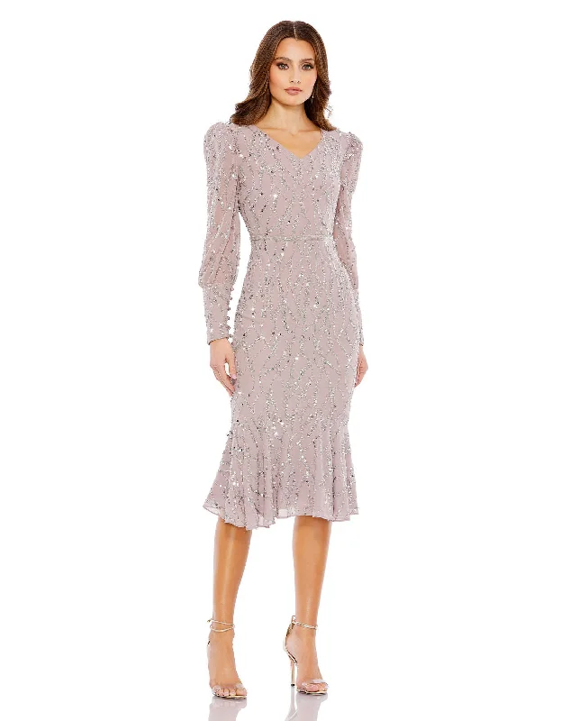 Huge Discounts Mac Duggal 10767 Long Sleeve Cocktail Sequin Midi Dress
