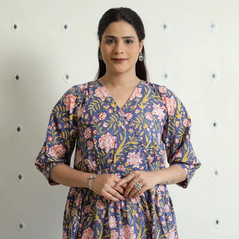 Don't Wait Blue - Sanganeri Block Printed Cotton Angrakha Flared Dress
