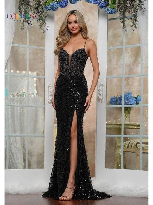 Midnight Madness Colors 3570 Long Formal Slit Fitted Sequin Prom Dress
