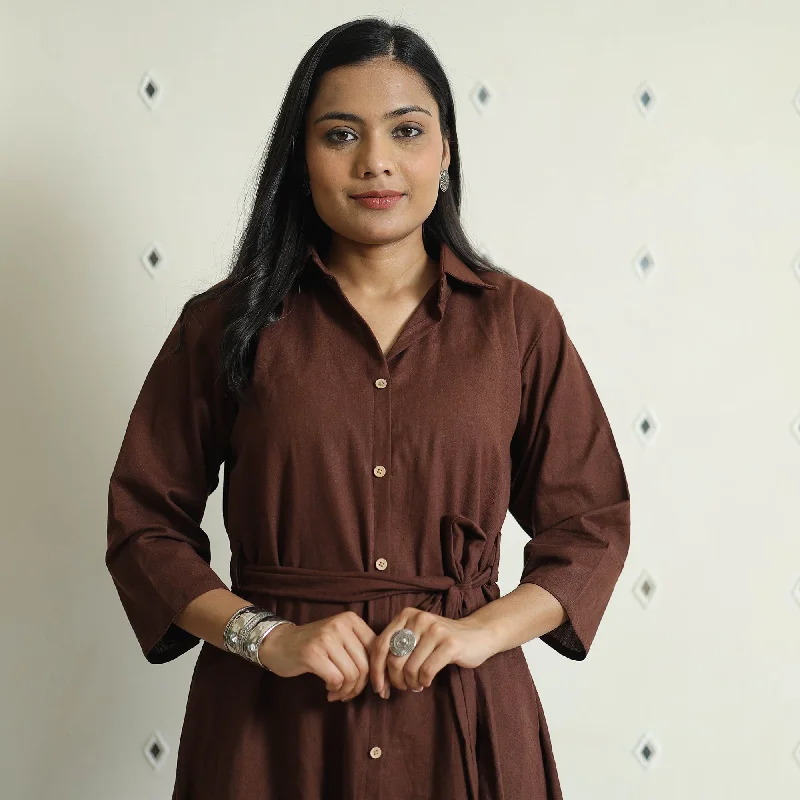 Special Savings Brown - Plain Flex Cotton Collared Neck Buttoned Down Dress