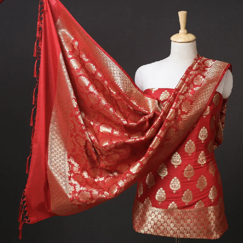 Markdown Madness Red - 3pc Zari Jaal & Buti Silk Banarasi Dress Material