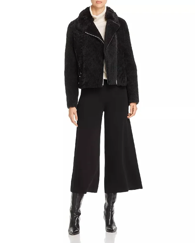 Don't Wait Women's Lamb Shearling Short Moto Jacket In Black