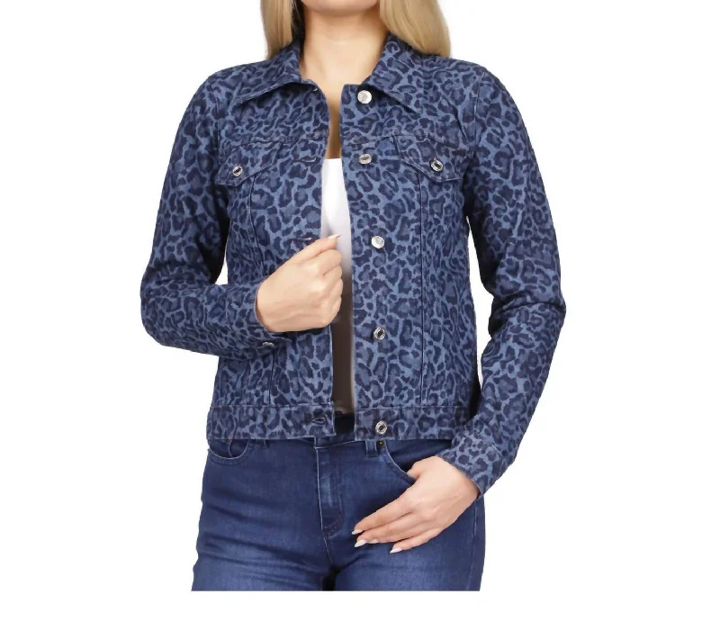 Extra Discounts Button Up Spread Collar Animal Print Denim Jacket In Dusk Blue Wash