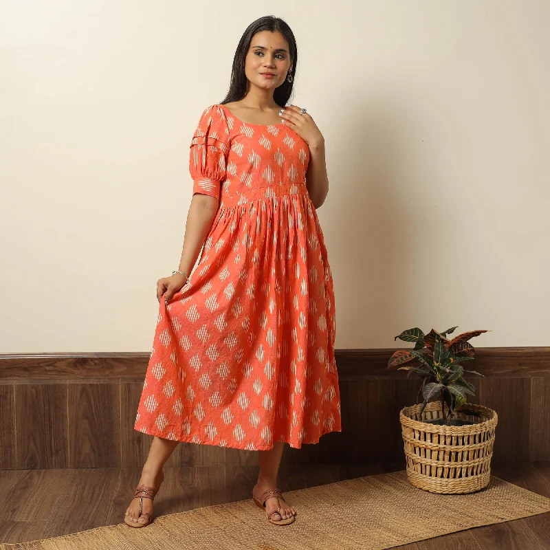Special Buy Orange - Pochampally Ikat Weave Cotton Flared Dress 12