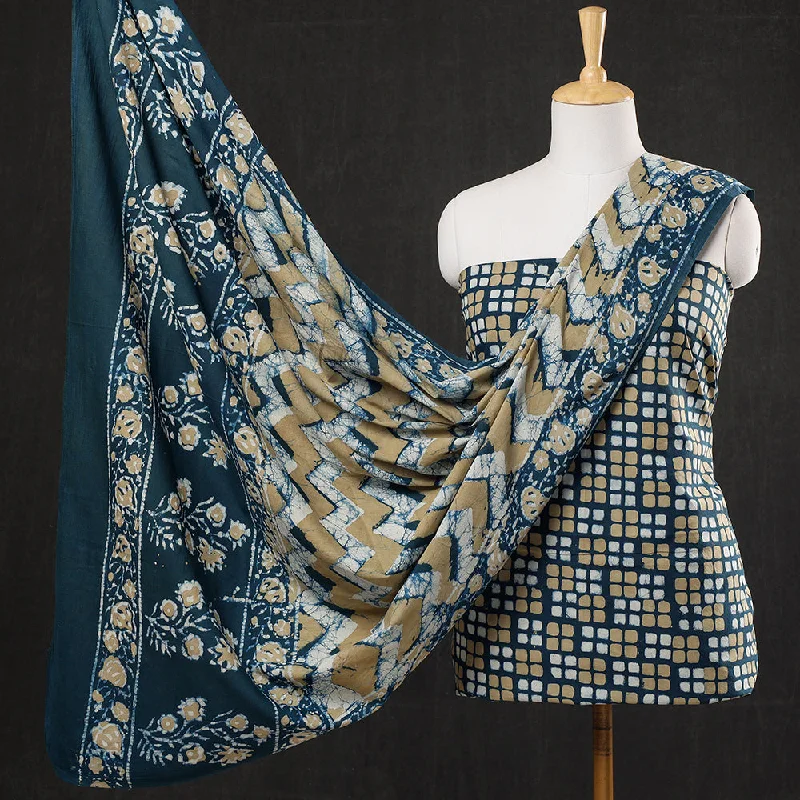 Blue - 3pc Cotton Block Printed Pipad Dress Material Set