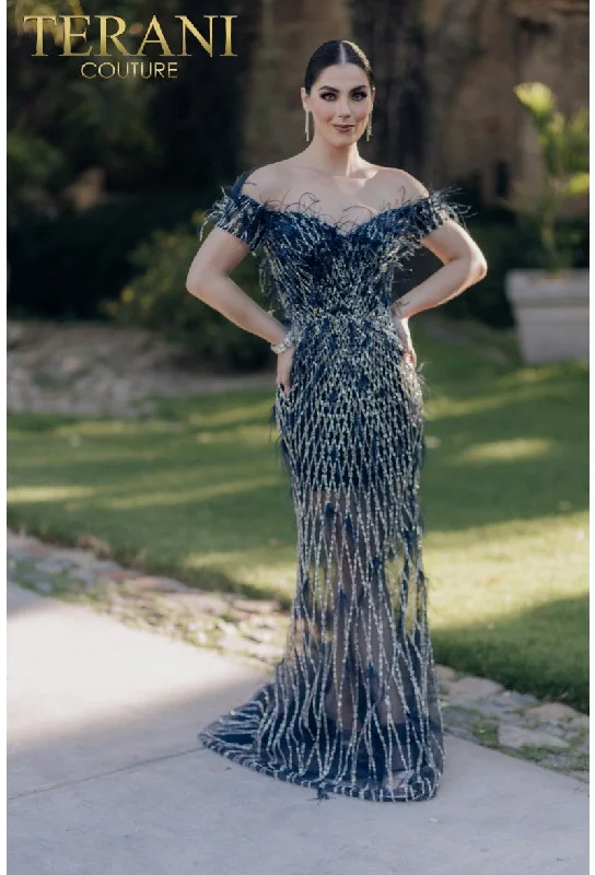 Price Rollback Terani Couture 232GL1439 Long Feather Beaded Formal Prom Dress