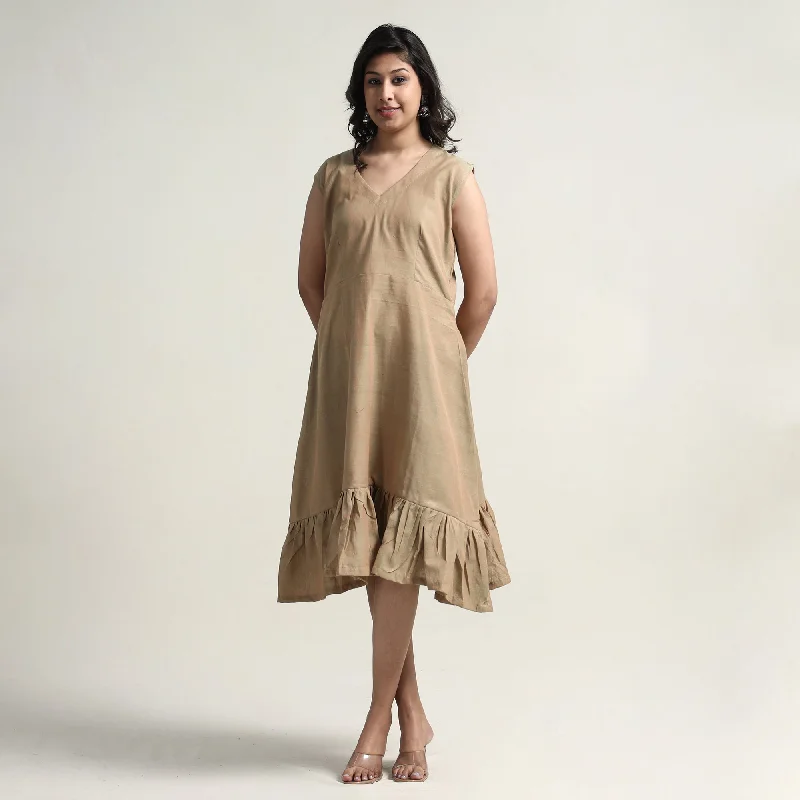 Price Reduction Beige - Plain Handloom Cotton Flare Dress