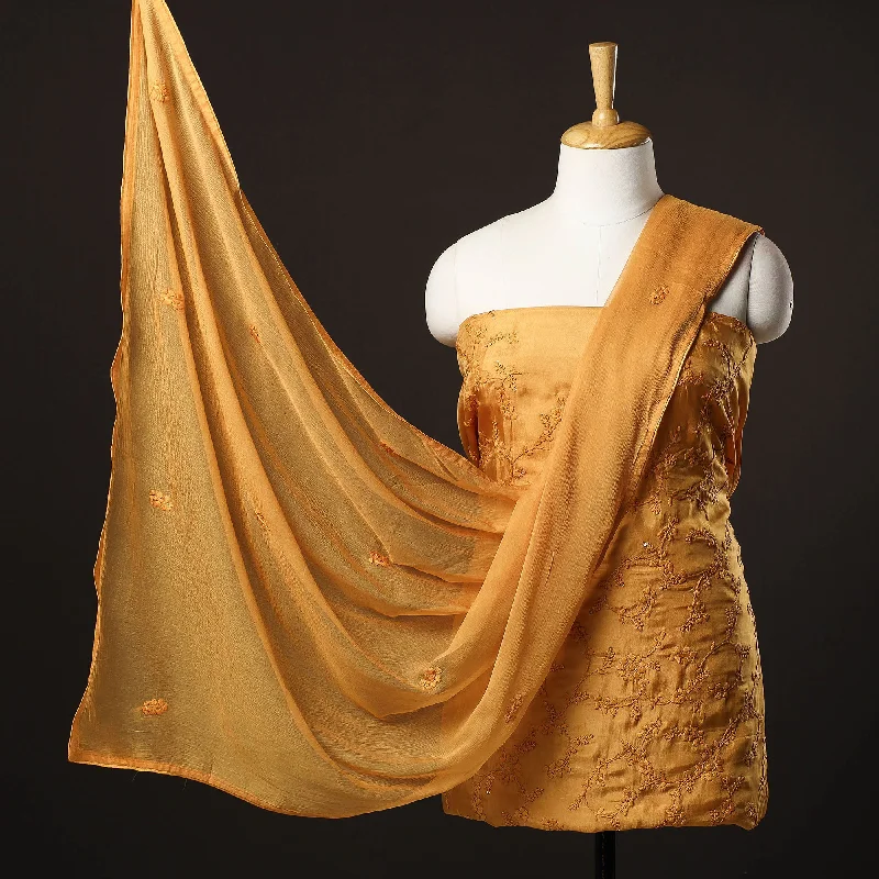 Exclusive Deal Yellow - 3pc Hand Embroidery Dupion Silk Phulkari Dress Material 42