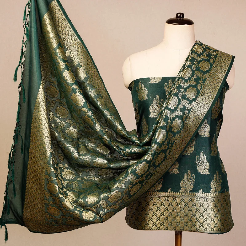 Anniversary Sale Green - 3pc Zari Jaal & Buti Silk Banarasi Dress Material