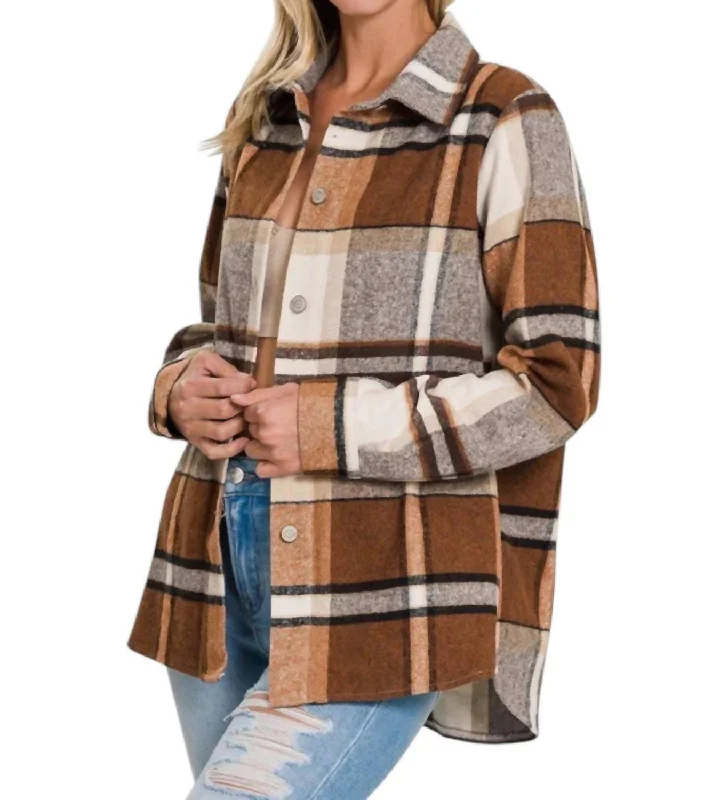 Stock Clearance Yarn Dyed Plaid Shacket In Brown