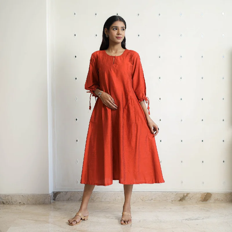 New Markdowns Sunny Dark Orange Slub Silk Plain Dress