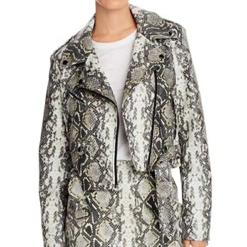 Closeout Sale Snake Print Faux Leather Moto Jacket In Gray/black