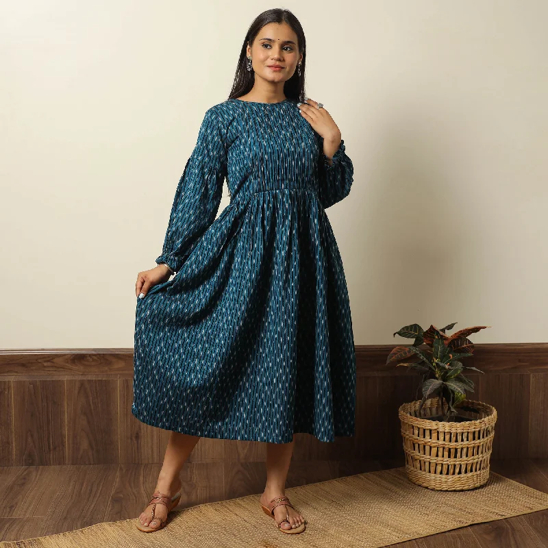 Price Drop Blue - Pochampally Ikat Weave Cotton Pintuck Flared Dress 02