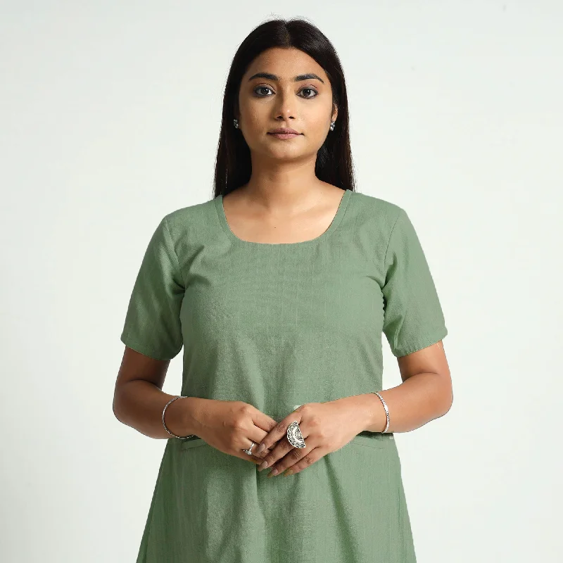 Lowest Prices Sage Green Plain Handloom Cotton Dress